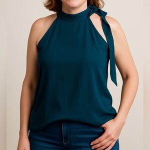 LOFT Woman's Deep‎ Teal Sleeveless Blouse Tank with Bow Detail Size Medium